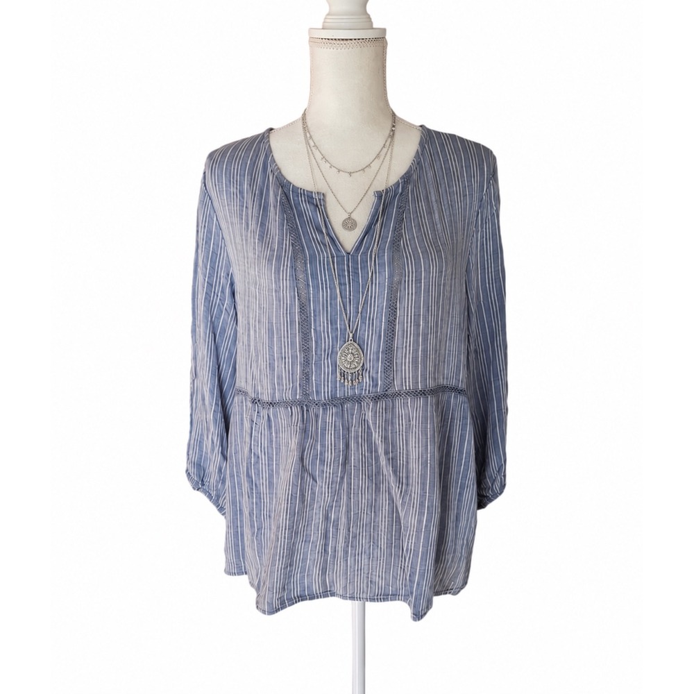 Fever Babydoll Blouse 100% Rayon XL Blue White Excellent Coastal Boho